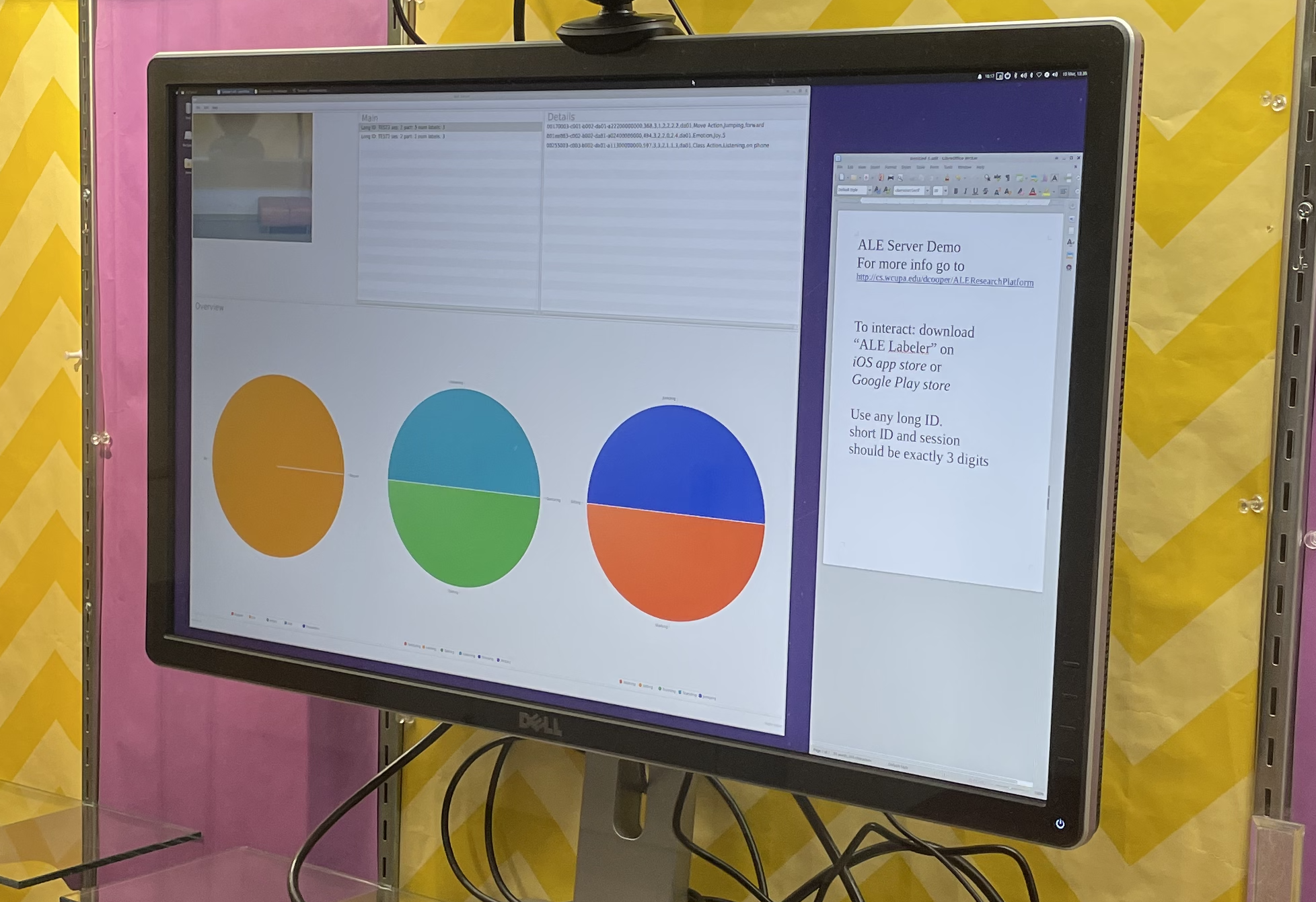 Picture of ALE Image Server Demo screen. 3 pie charts are below an image on the upper left side, and a list view is in the middle with a couple of participants and a list view is on the right that shows the labels from one participant.