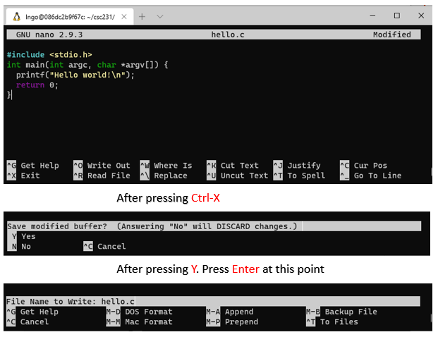 Creating hello.c using nano