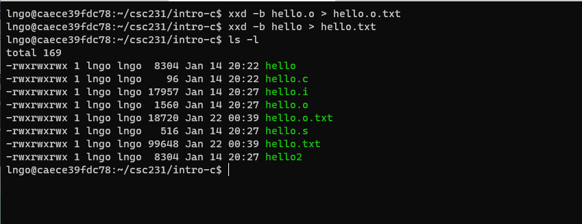 hexdumping hello.o and hello