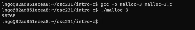 Compile and run malloc-3.c