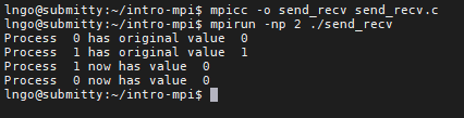 compile and run send_recv.c