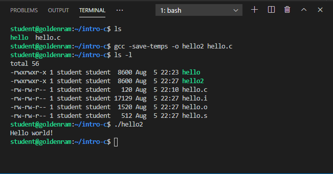 compile and run hello.c, keeping intermediate files