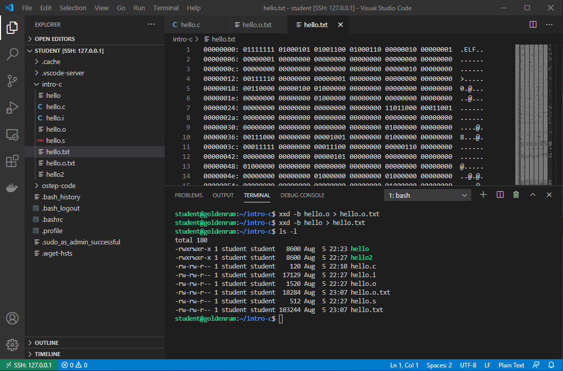 hexdump of hello.o and hello