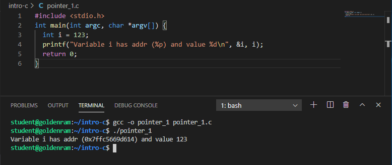Compile and run pointer_1.c