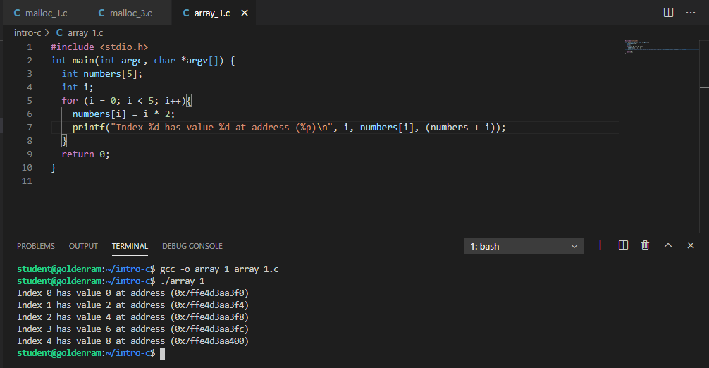 Compile and run array_1.c
