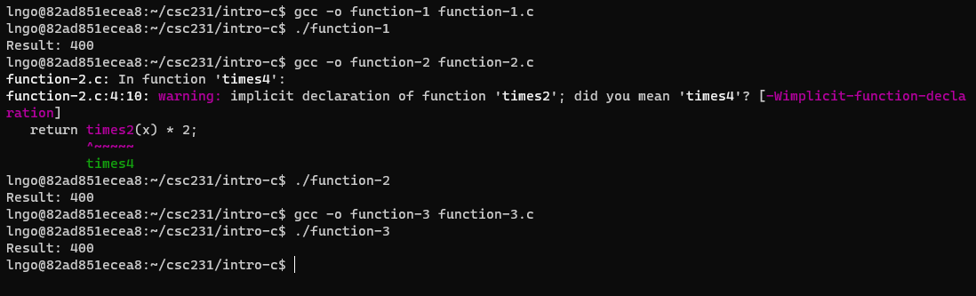 Compile and run function-1.c, function-2.c, and function-3.c