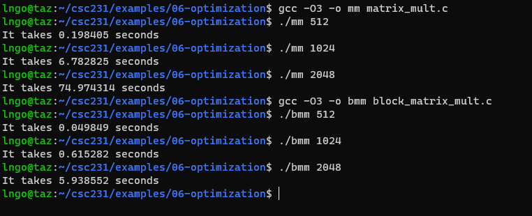 matrix run with block optimization and compiler optimization