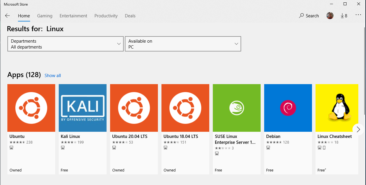 Available Linux distributions in Microsoft Store