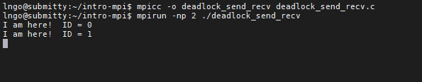 compile and run deadlock_send_recv.c