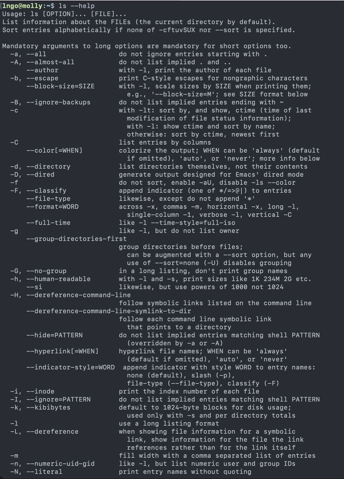 View help documentation for ls