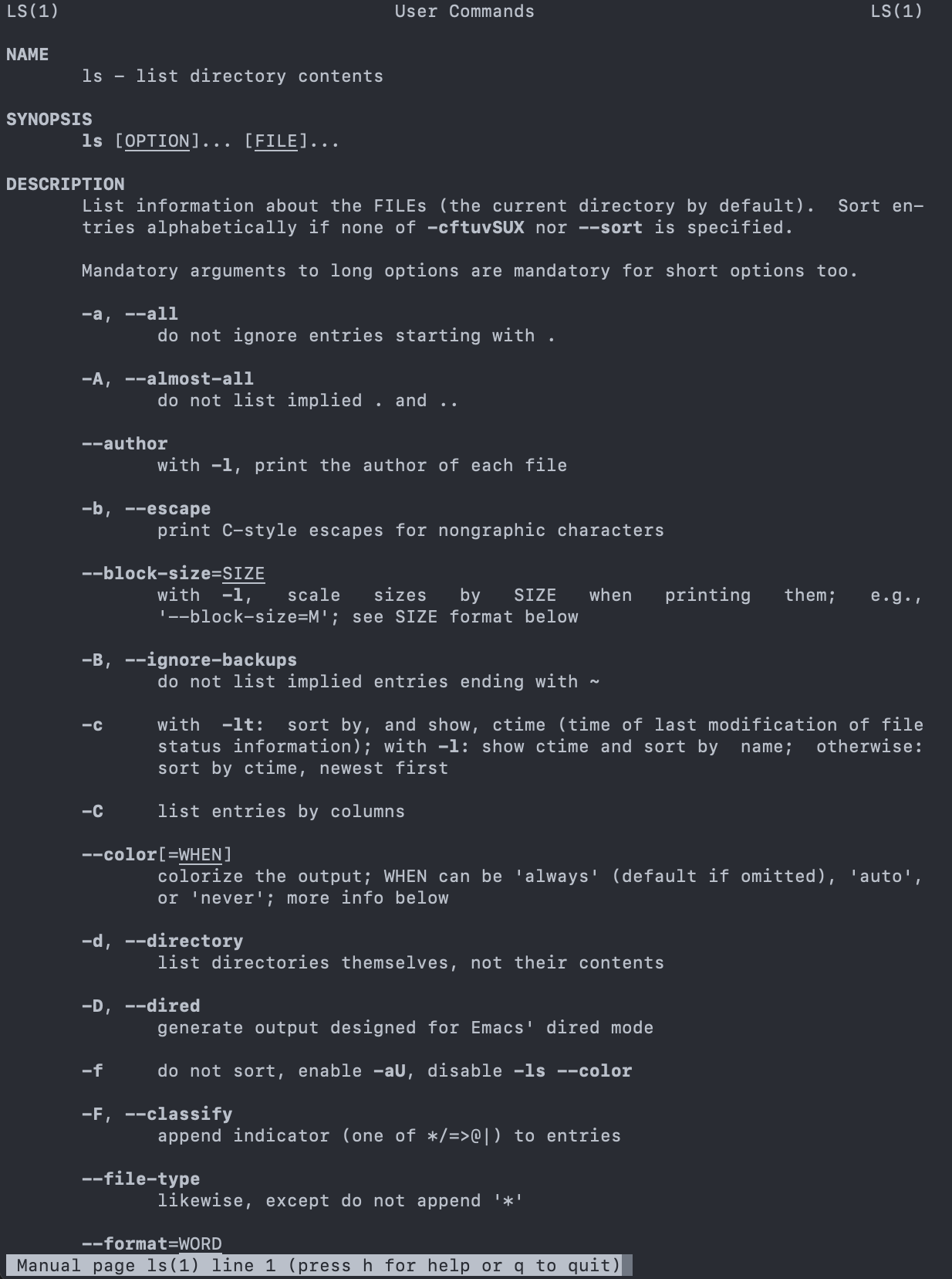 View help documentation for ls using man